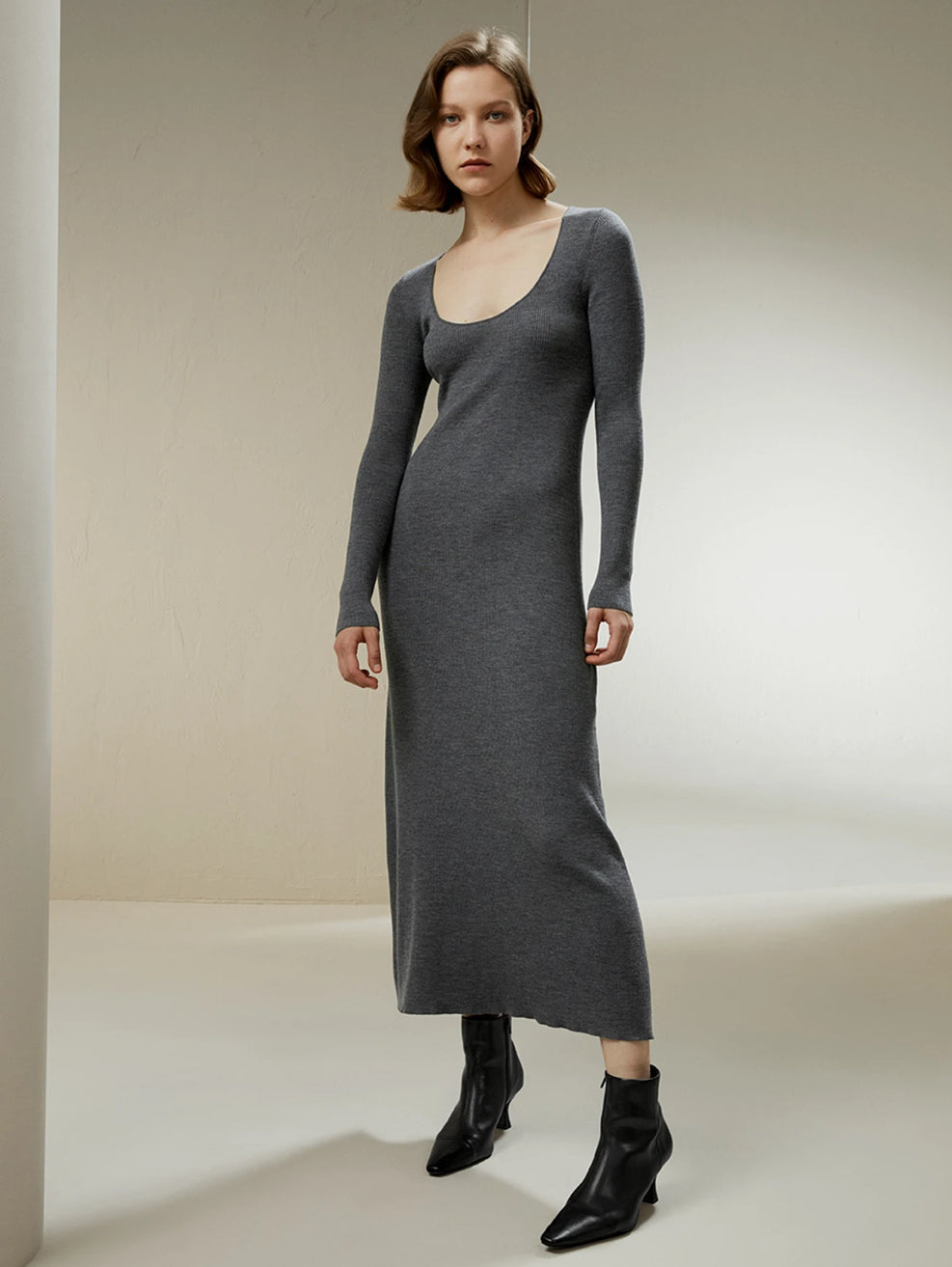 “Grey Goose” Merino Wool Long Sleeve Midi Dress