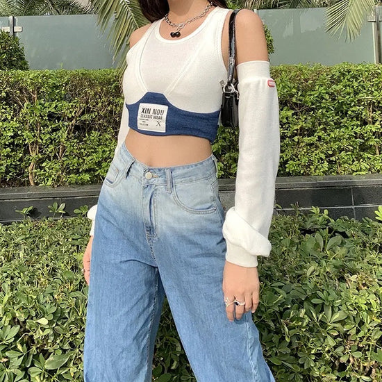 “The New Classic” Off Shoulder Patchwork Knitted Crop Top