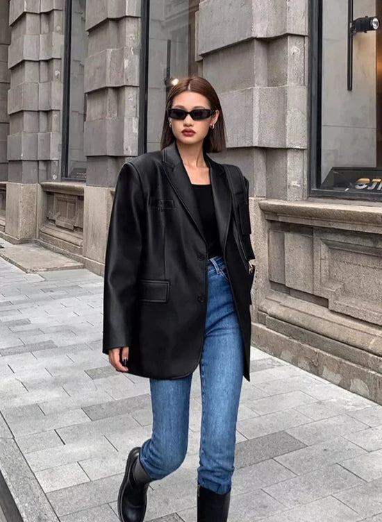 “Lara” Women’s Soft Leather Korean Style Long Sleeve Blazer