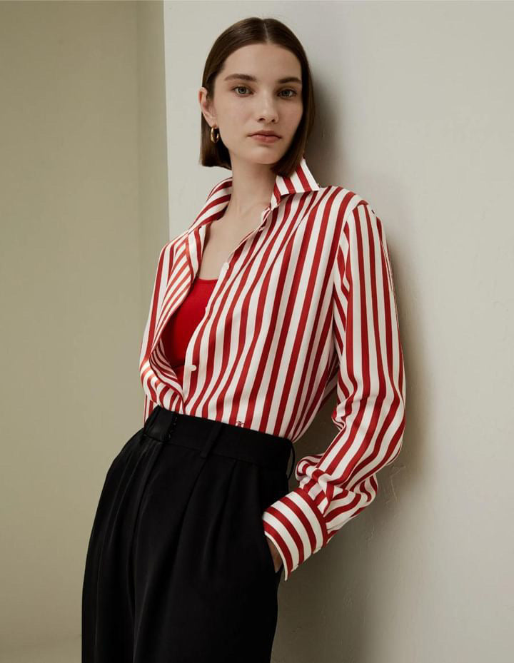 ”Me, Myself, And I” Women’s Red Striped Mulberry Silk Collared Shirt