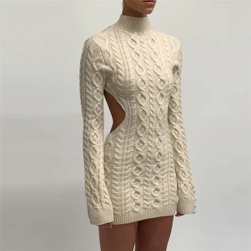 "Keep Me Interested" Knitted Backless Long Sleeve Mini Dress