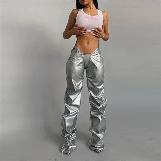"Bullet" Women's Low Rise Metallic Leather Pants