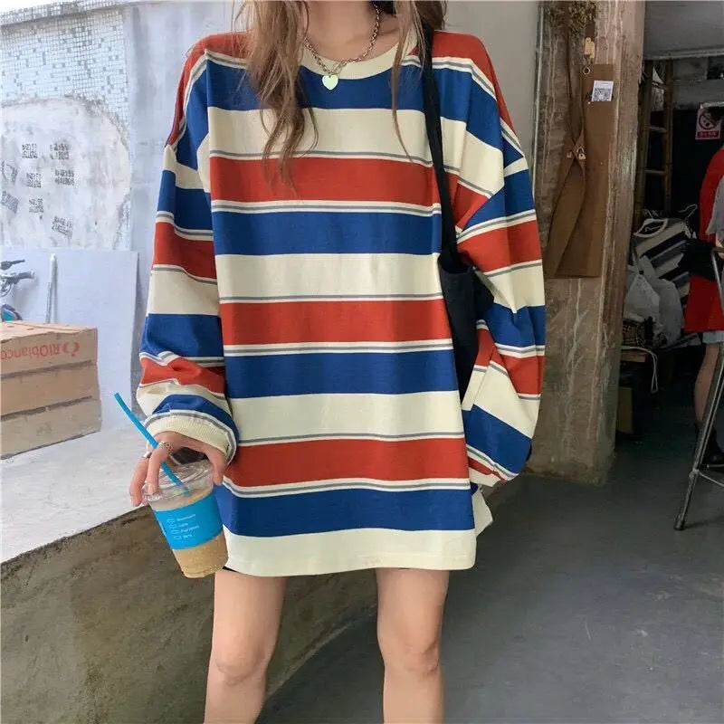 “Must Be Nice” Women’s Striped Oversized Long Sleeve Sweatshirt