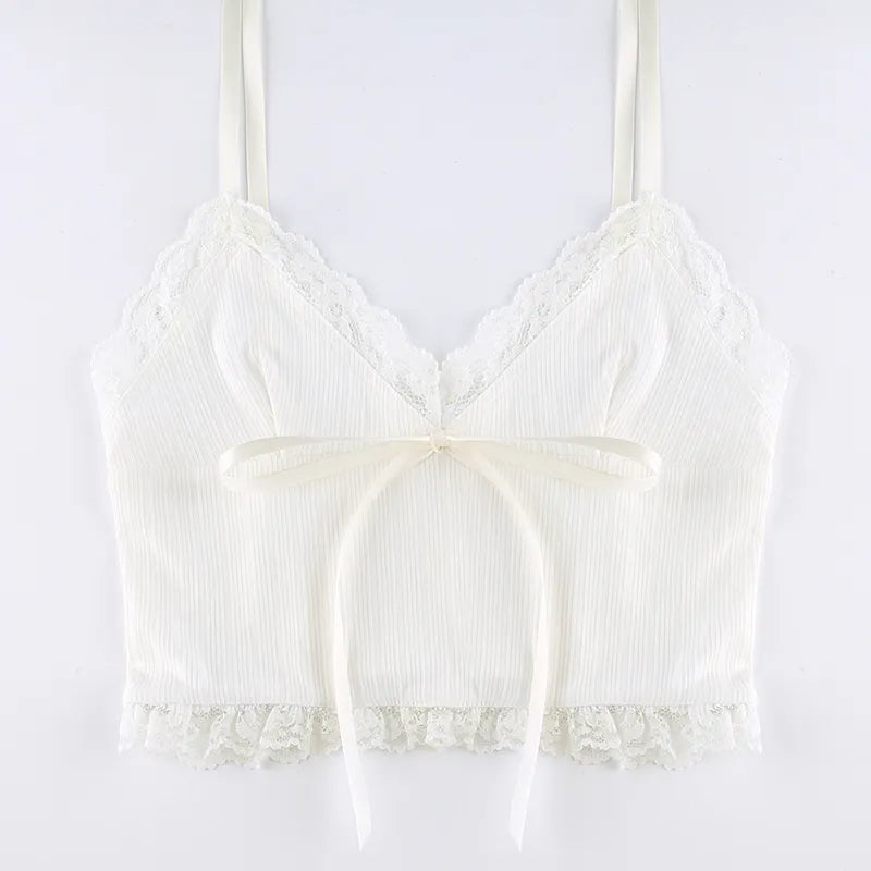 “Lily” Y2K Style Lace Trim Knitted Backless Crop Top