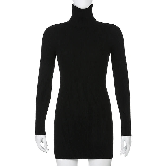 “Know Me Better” Vintage Knitted Long Sleeve Turtleneck Mini Dress