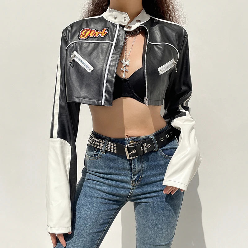 “Hot Shit” Women’s Cropped Two Tone Faux Leather Jacket