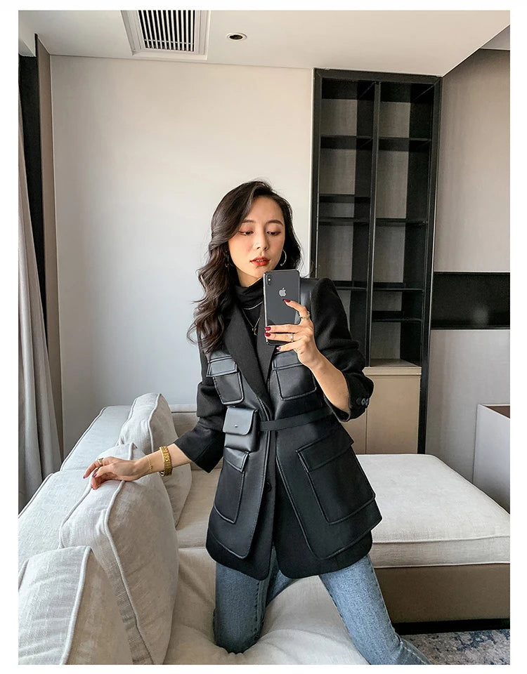“Leona” Women’s Black Wool Designer Leather Jacket