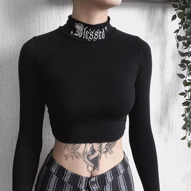 “#Blessed” Embroidered Gothic Bodycon Long Sleeve Crop Top