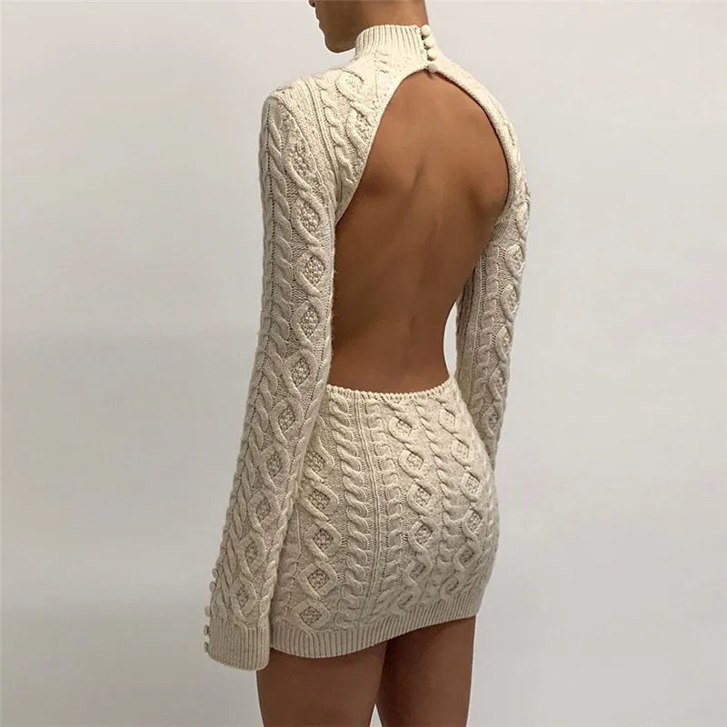 "Keep Me Interested" Knitted Backless Long Sleeve Mini Dress