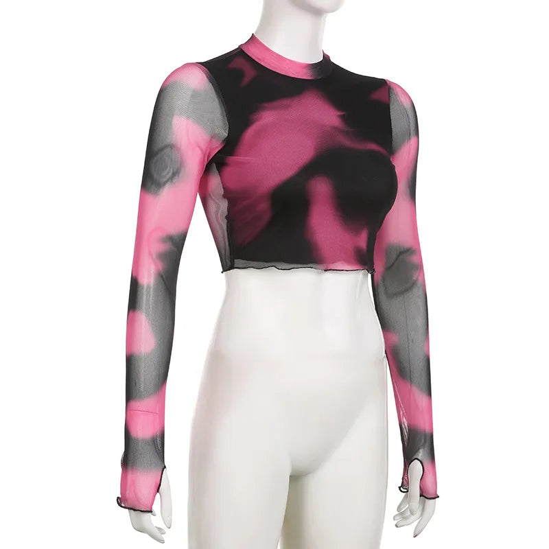 ”Vicrowave” Women’s See-Through Mesh Gothic Y2K Style Long Sleeve Top