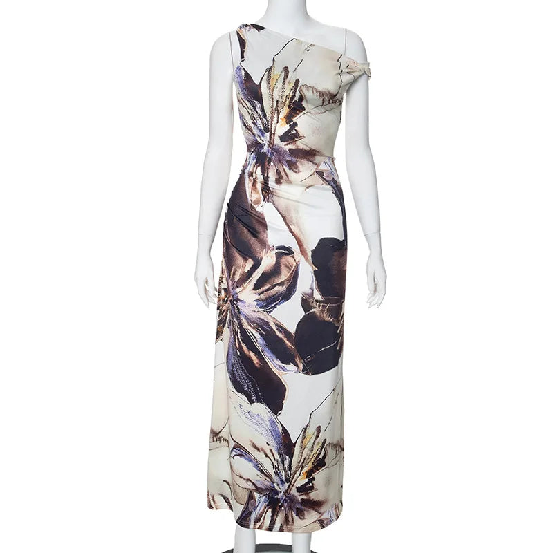 "Masterpiece" Women's Abstract Floral Print One Shoulder Maxi Dress