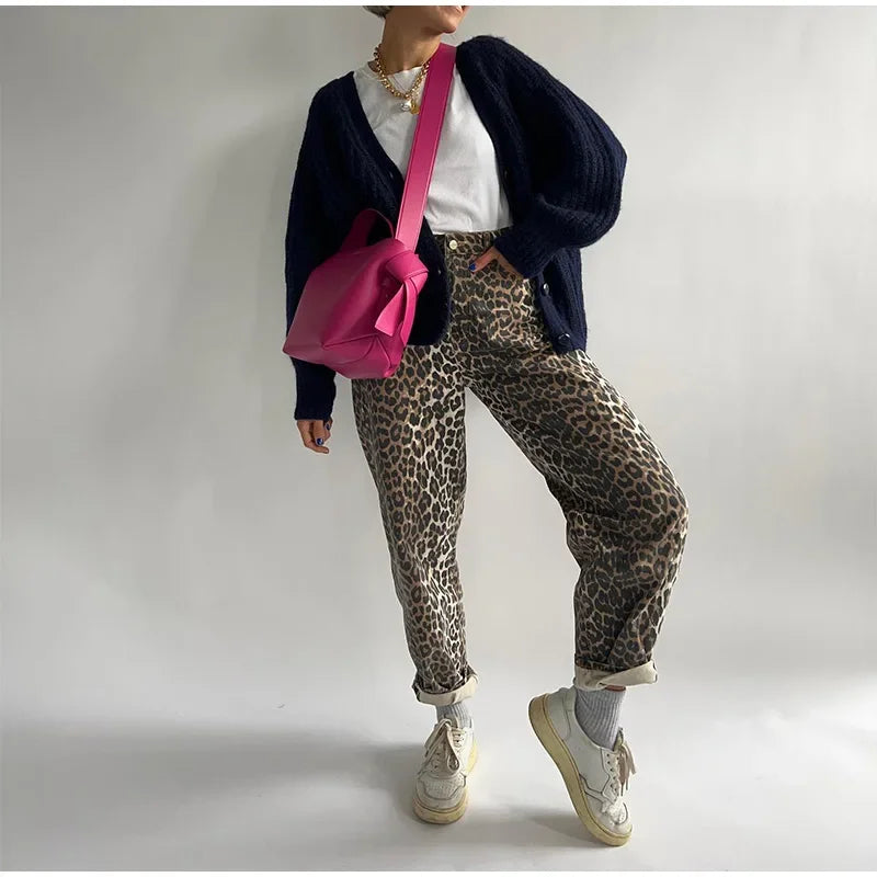 "Vintage" Women's Casual Leopard Print Denim Jeans
