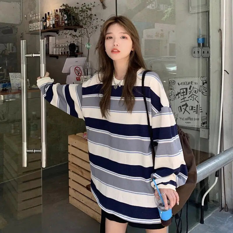 “Must Be Nice” Women’s Striped Oversized Long Sleeve Sweatshirt