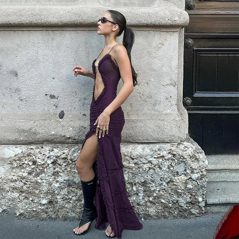 "NY Ball" Women's Y2K Style Split Backless Maxi Dress