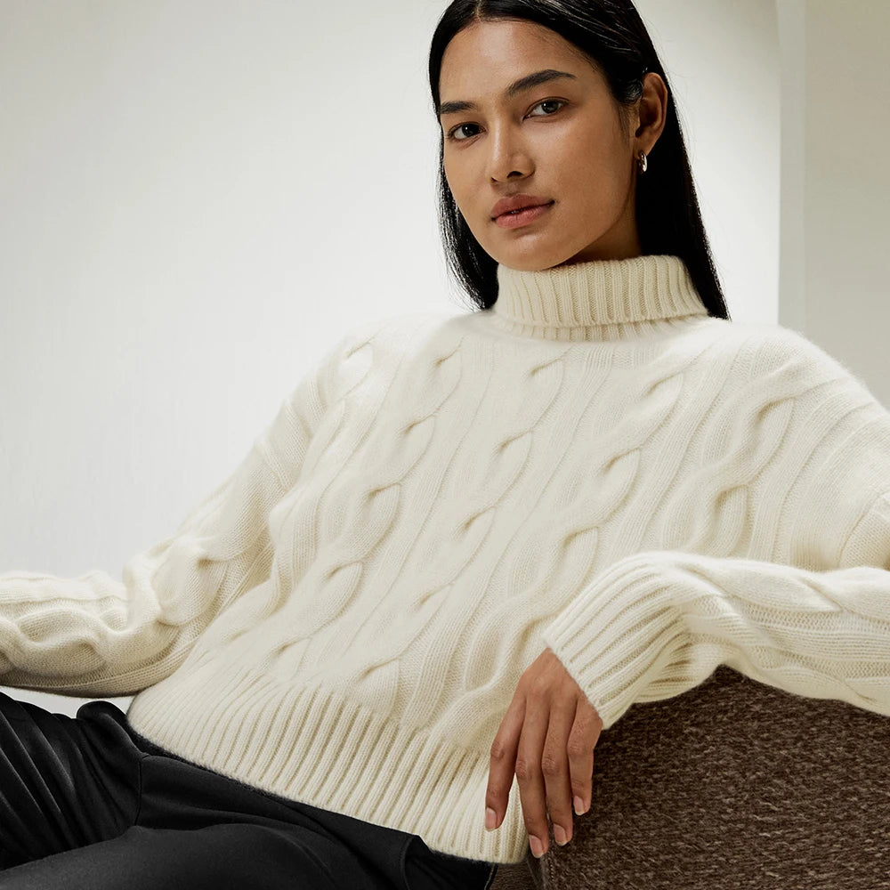 Luxe Women’s Cable Knit Oversized Turtleneck Cashmere Sweater