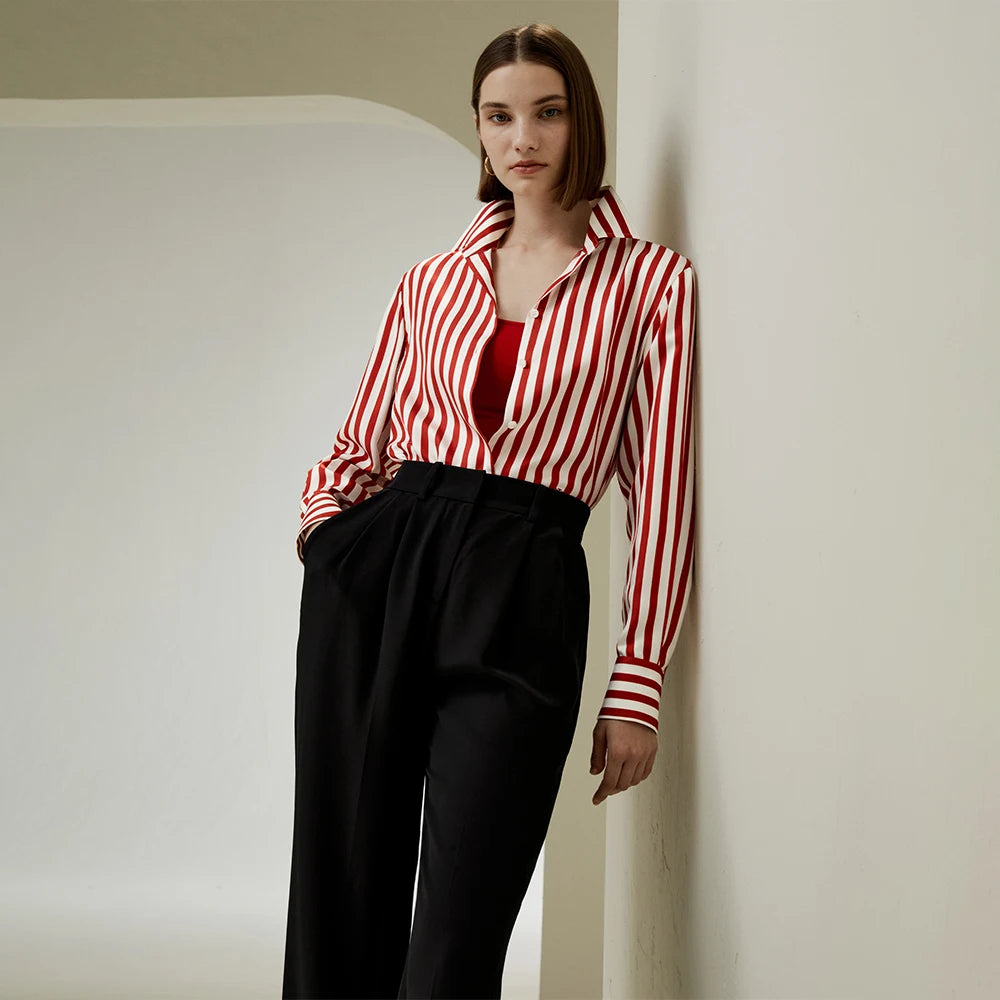 ”Me, Myself, And I” Women’s Red Striped Mulberry Silk Collared Shirt