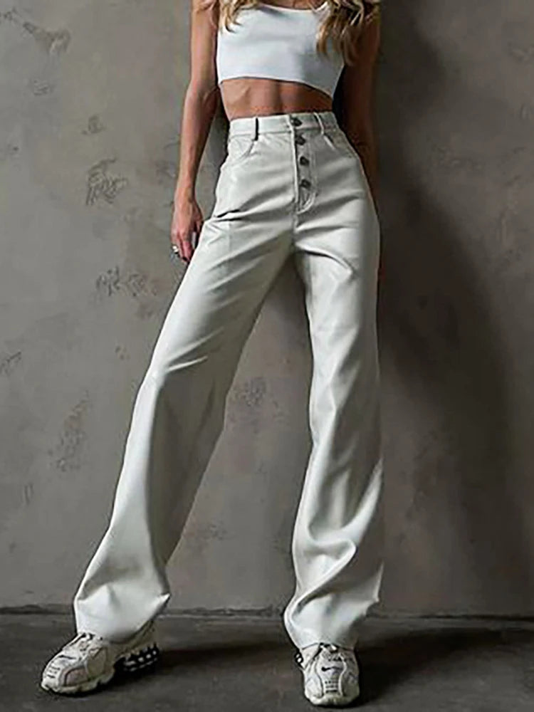 “Miley” High Waist Straight Leg Button Up Leather Pants