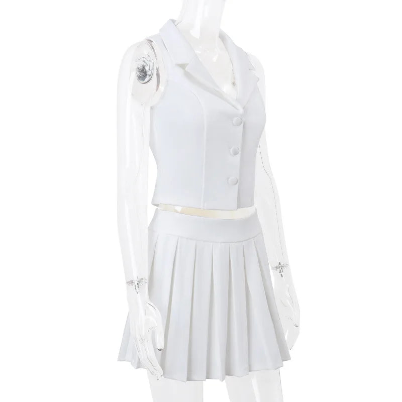 ”The Banks” Women’s White V Neck Pleated 2 Piece Outfit Set