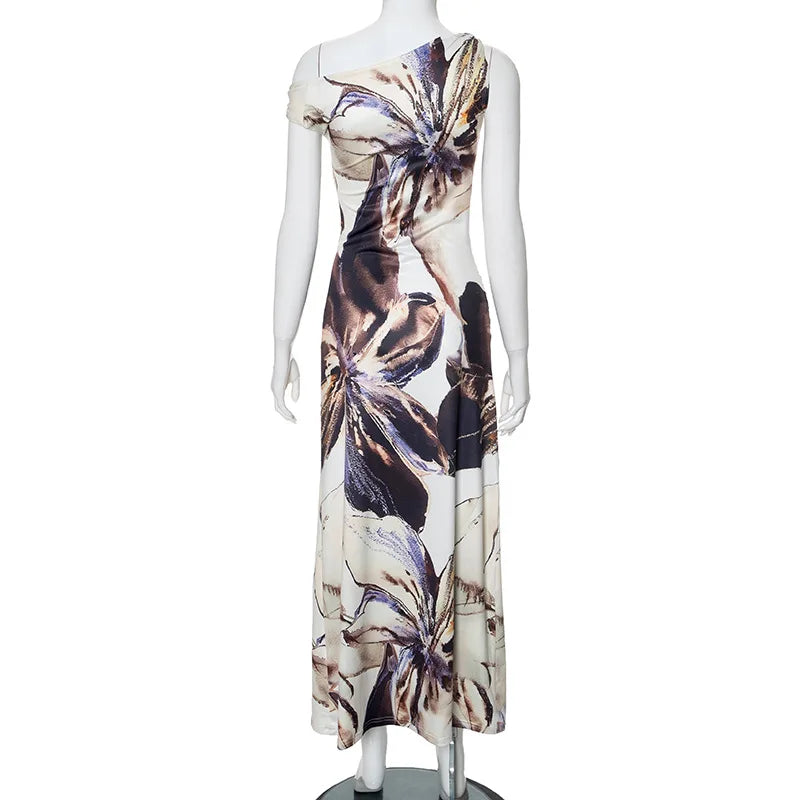 "Masterpiece" Women's Abstract Floral Print One Shoulder Maxi Dress