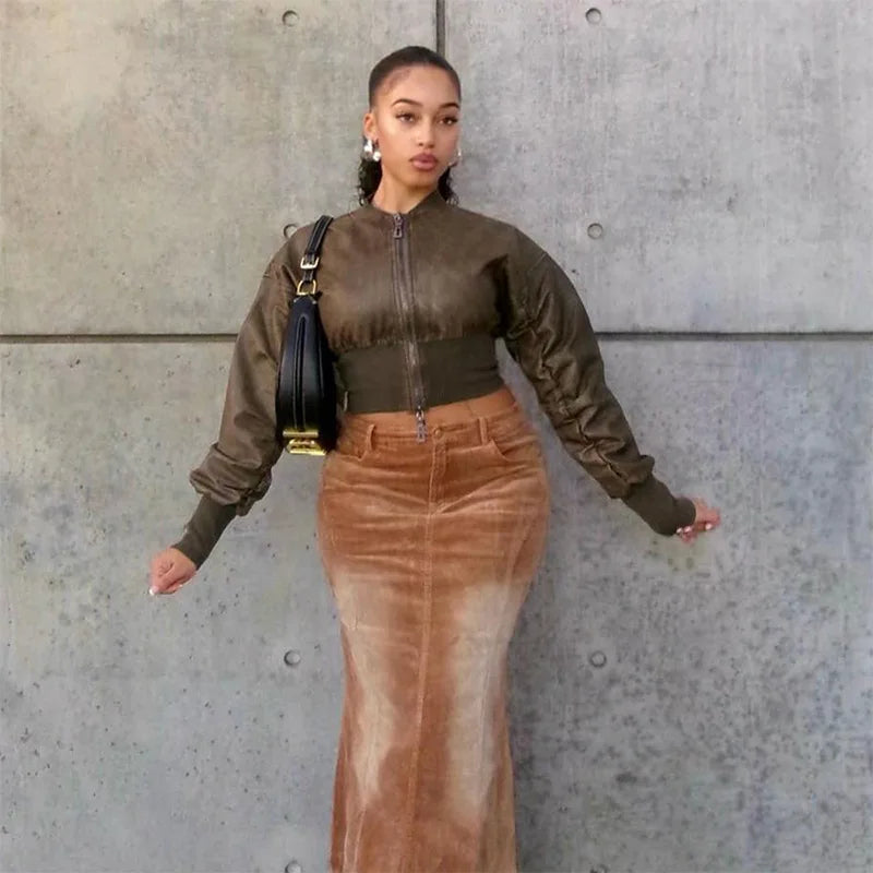 "Lotta That" Women's Vintage Cropped Leather Jacket Brown