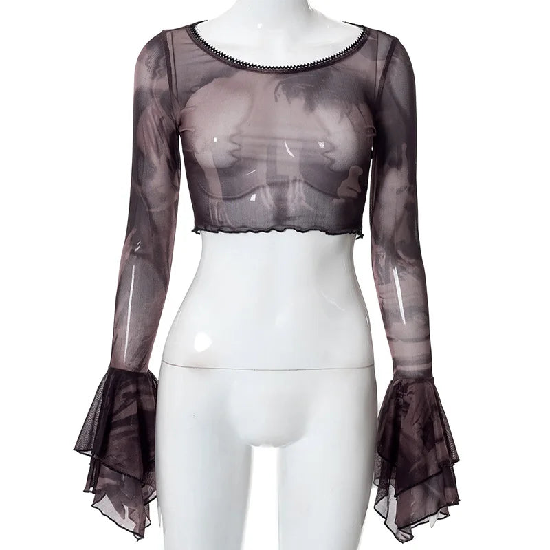 “Cyber Wave” Sexy Gothic Y2K Style Flare Sleeve Crop Top