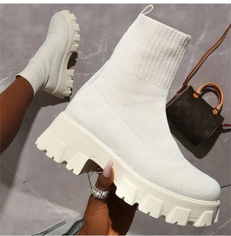 "Platform Dreamin" Women's Designer Slip On Knitted Platform Boots