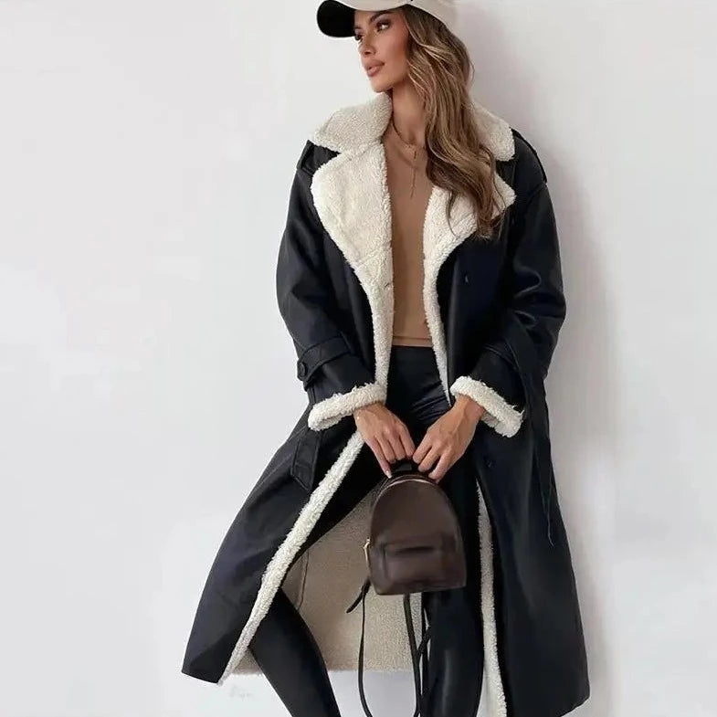 “Adella” Women’s Long Sleeve Double-sided Lambswool Fur Leather Jacket