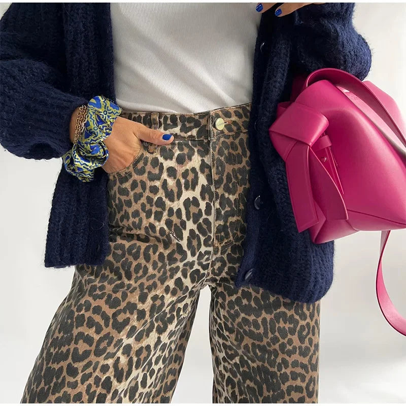 "Vintage" Women's Casual Leopard Print Denim Jeans