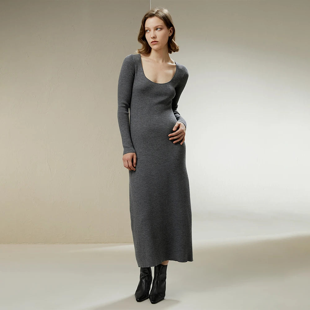 “Grey Goose” Merino Wool Long Sleeve Midi Dress