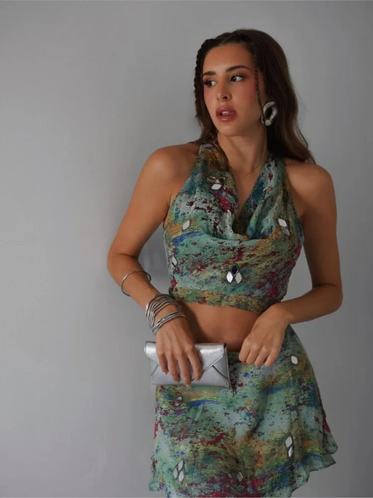 ”Pay For Me” Sexy V-Neck 3D Print Sleeveless Halter Mini Dress