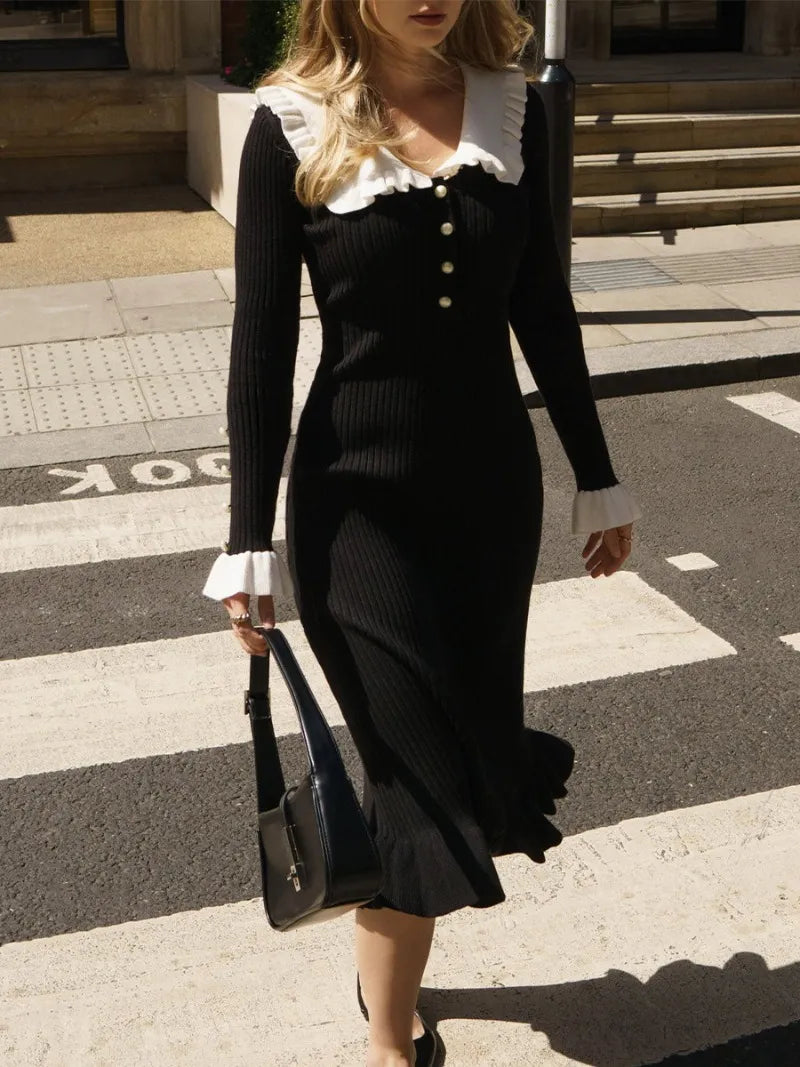 ”Elizabeth” Vintage Knitted High Waist Ruffled Maxi Dress