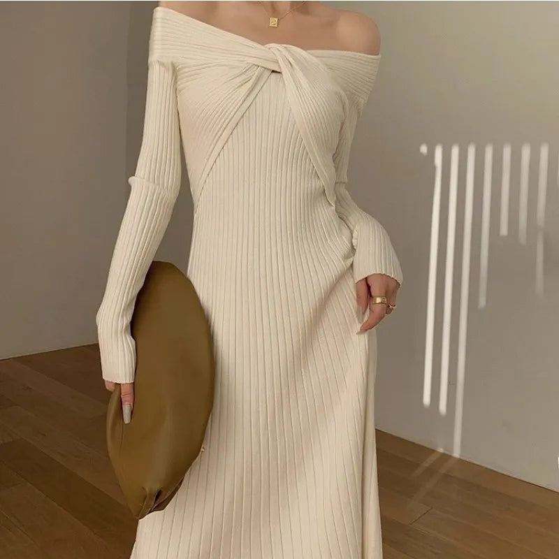 “Cashmere” Temperament Knitted Off Shoulder Designer Dress