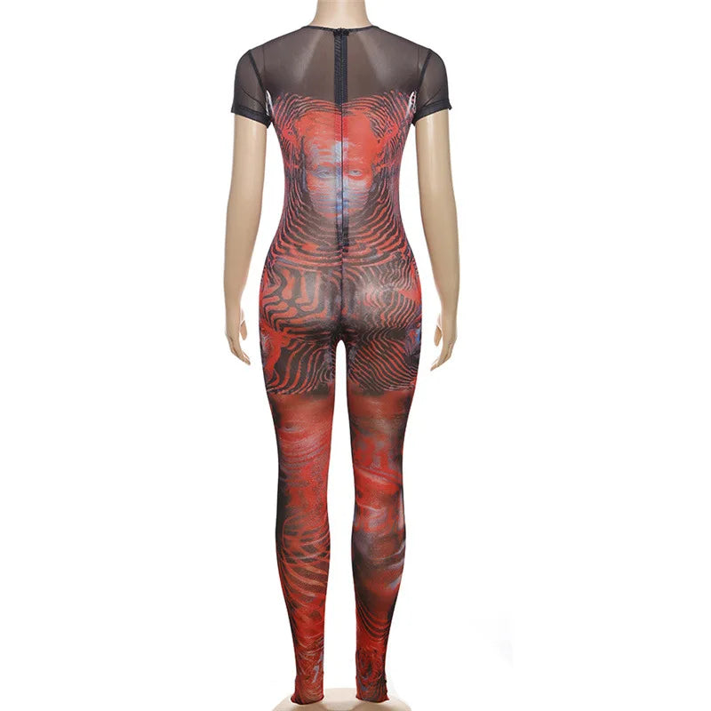 "Attention" Women's Abstract Print Mesh One Piece Jumpsuit