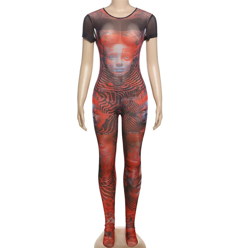 "Attention" Women's Abstract Print Mesh One Piece Jumpsuit