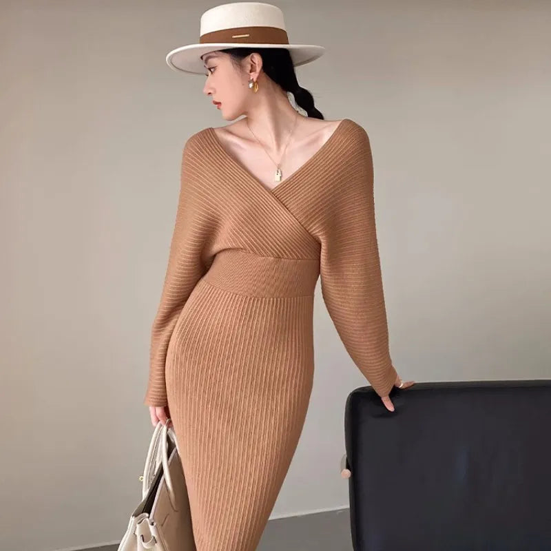 “Rumor Has It” V-Neck Knitted Draped Waist Designer Dress
