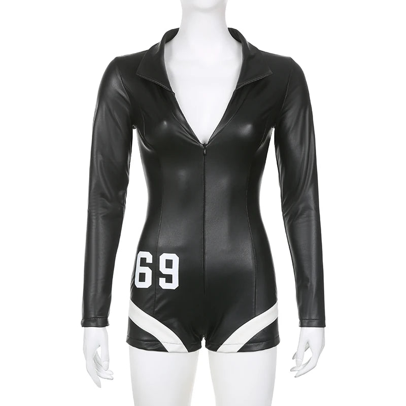 “Hot Lil Diva” Sexy Black Leather Long Sleeve Jumpsuit