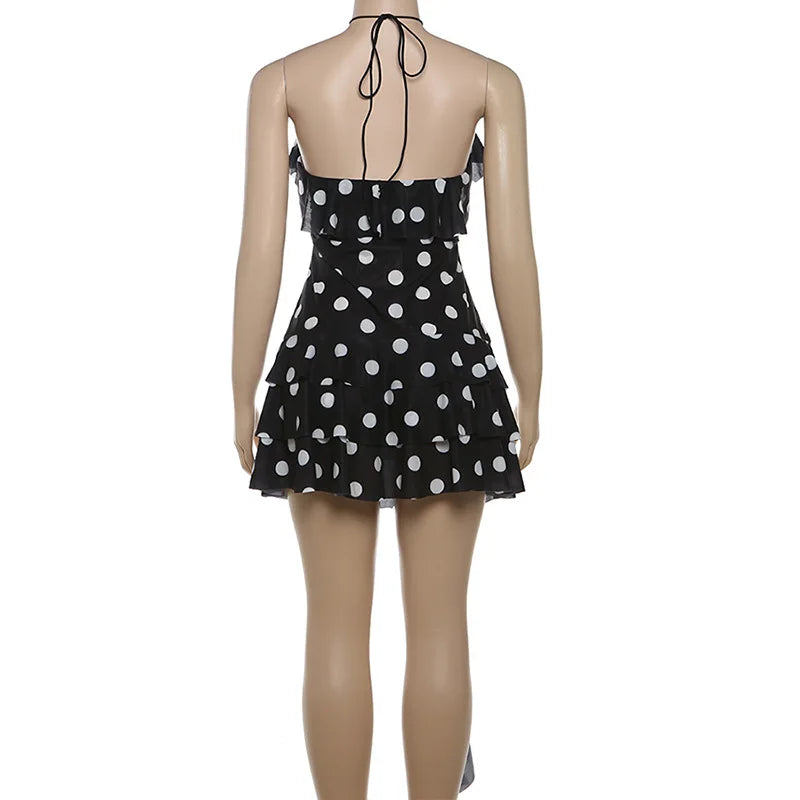 "Belle" Women's Ruffled Polka Dot Print Halter Mini Dress