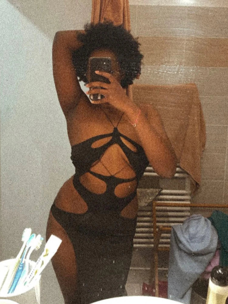 "Toxic" Sexy Black Cut Out High Waist Split Maxi Dress