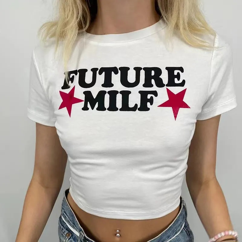 “Future Milf” Women’s Retro Star Print Y2K Style Baby Tee