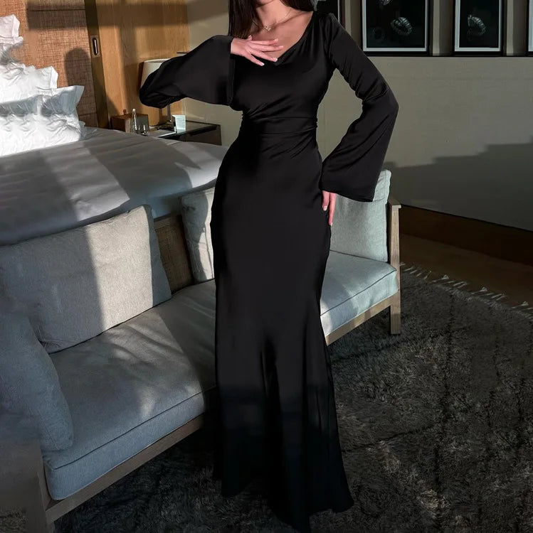 "Opera" Black Satin Bandage Maxi Dress