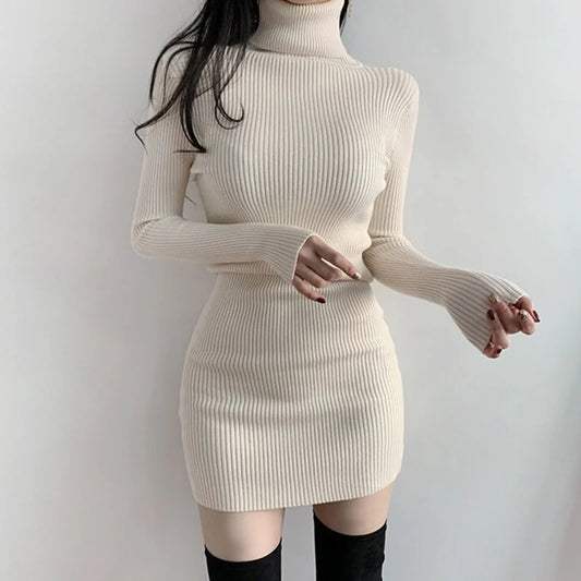 “Know Me Better” Vintage Knitted Long Sleeve Turtleneck Mini Dress