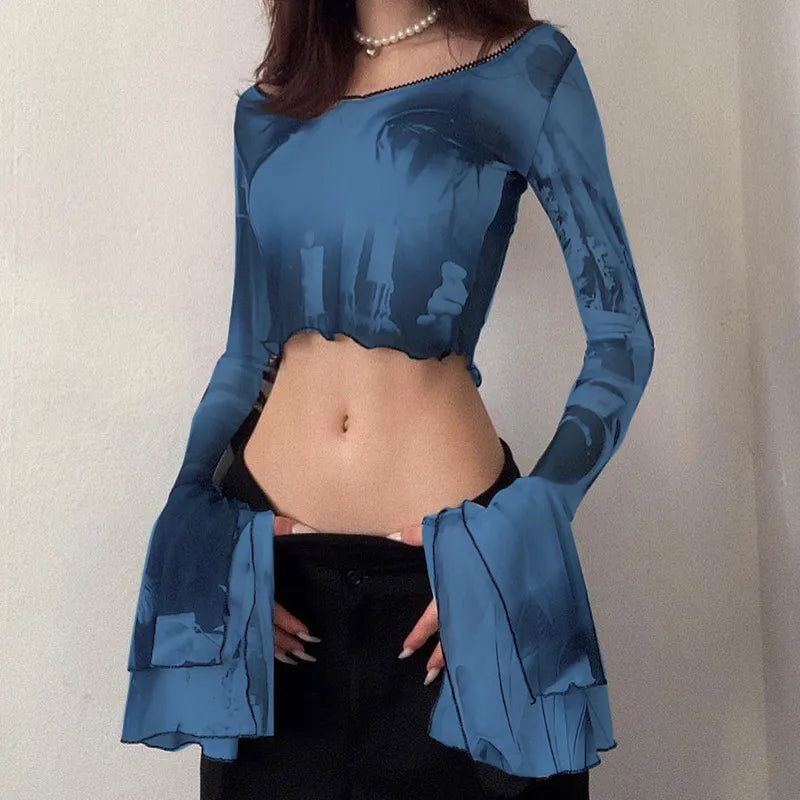 “Cyber Wave” Sexy Gothic Y2K Style Flare Sleeve Crop Top