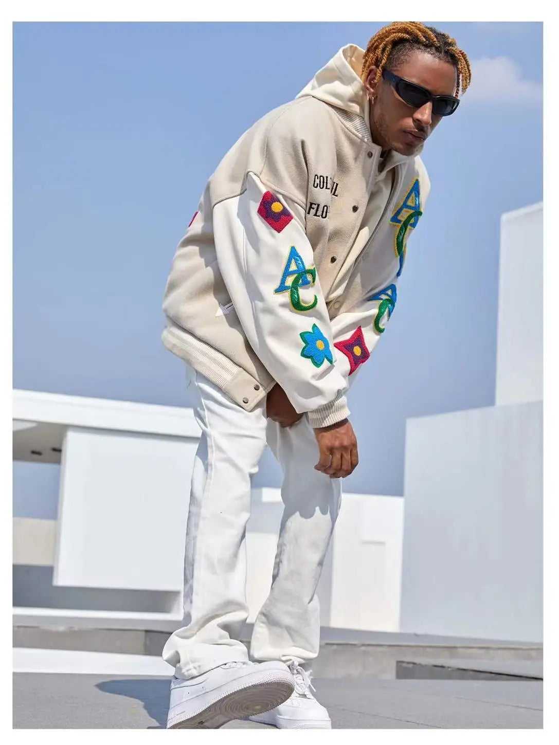 “Colorful Flowers” Men’s American Flower Embroidered Urban Bomber Jacket