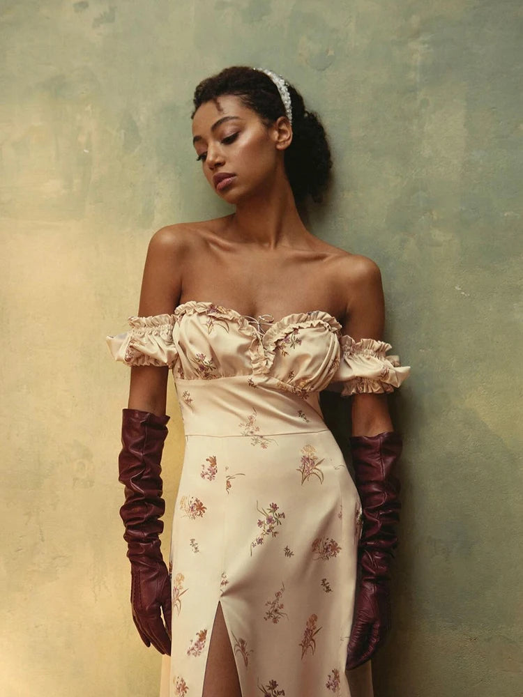 "Dandelion Dreams" Floral Print Off Shoulder Puff Sleeve Maxi Dress