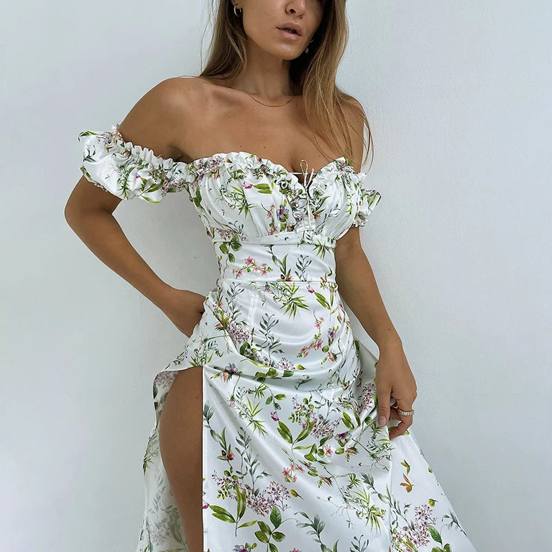 "Dandelion Dreams" Floral Print Off Shoulder Puff Sleeve Maxi Dress